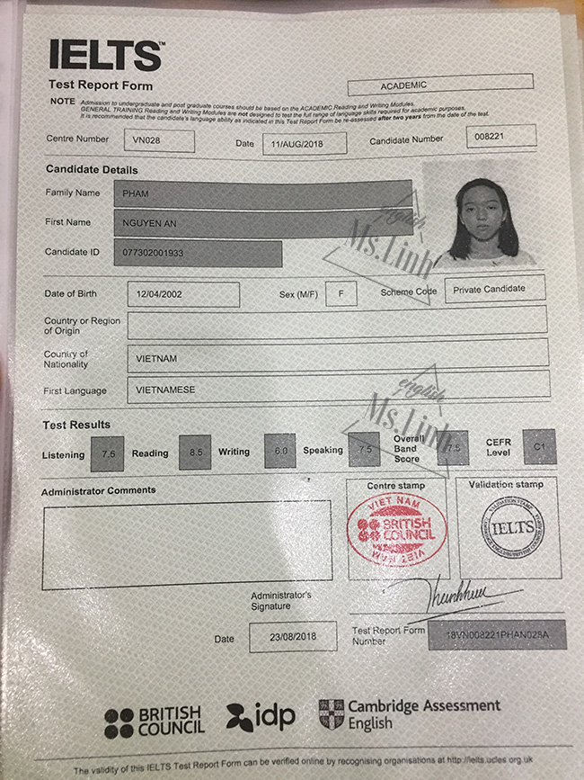 ielts result englishms.linh